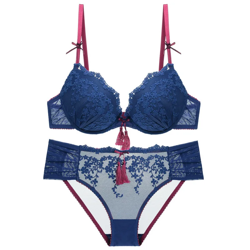 

2020 European and American Style Women Bra Set Deep V Gather Bra Super Sexy Lace Girl Cute Tassel Plus Size Blue White Underwear