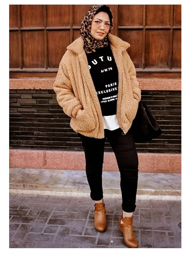 Dotfashion куртка с двойным карманом из искусственного меха цвета хаки Женская осенне-зимняя новая стильная куртка на молнии с воротником и длинным рукавом элегантное пальто из акрила
