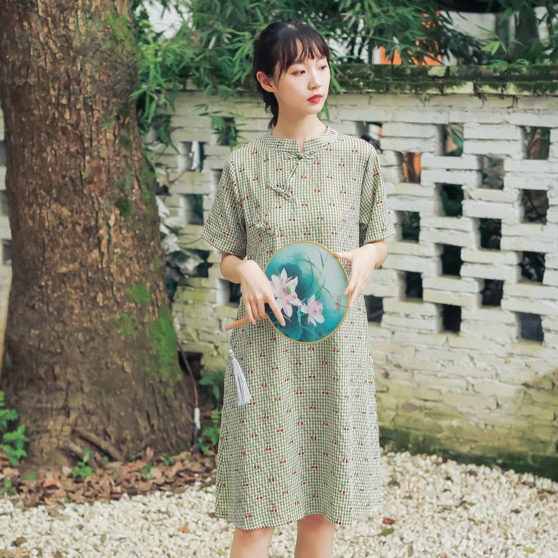 

2019 Summer New Style Retro Frog Cotton Linen WOMEN'S Dress Mid-length Check Print Frog Short-sleeve Dress Women's