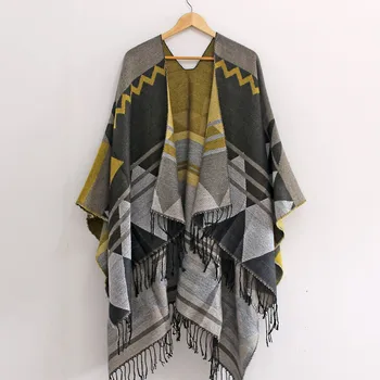

Fashion Women Geometric jacquard Shawl Tassel Open Front Poncho Cape Cardigan Wrap Shawl For Winter Pashmina Ruana Female