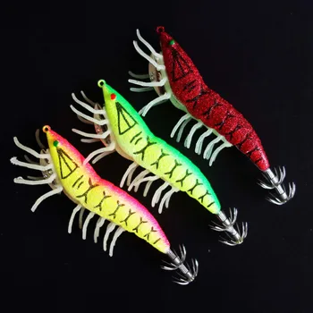 

8pcs Luminous fishing lure wooden shrimp bait 3.0#3.5# Lead Sinker Jigs squid hook cuttlefish soft foot shrimp fishing tackle