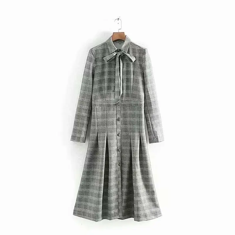 autumn and winter women's new plaid bow tie long-sleeved dress office dress dress fashion retro dress - Цвет: Серый