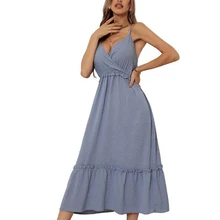 

2022 Sexy Dress Solid Color Skirt With Big Swing Female Summer Sleeveless V-neck Vest Long Women Dresses M6275