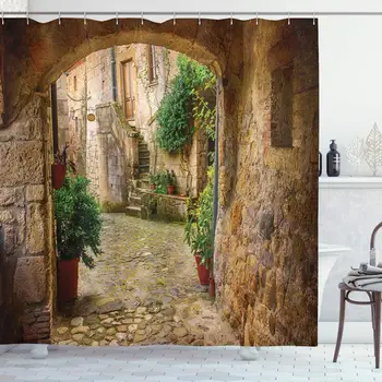 

Scenery Decor Shower Curtain by Ambesonne Landscape from another Door Antique Stone Village Tuscany Italian Valley Fabric Bath