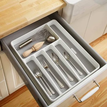 

5/6 Compartments Non-slip Silverware Container Organizer for Kitchen Drawer Cutlery Tray Organizer Spoon Separation Storage Box