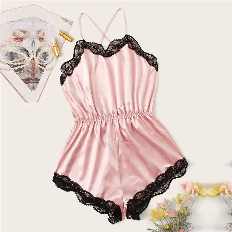 

Sexy Siamese Nightwear Lingerie Set Women's Black Lace Pink Lingerie Backless Pajamas Silk Sleepwear Bras Set Lenceria 661BRS10