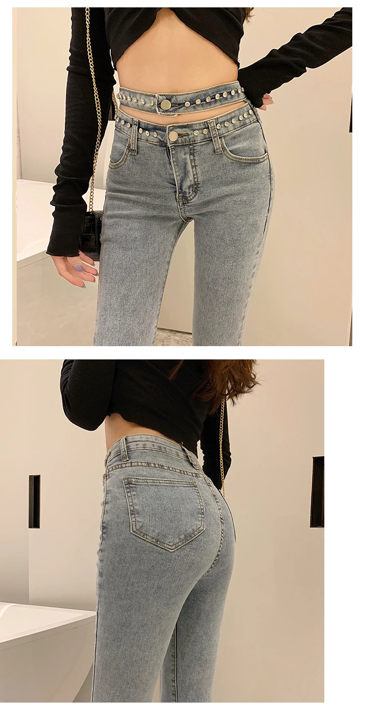 Fashion Pants Women Slim Joker Pencil Pants Autumn New Temperament Embroidered Flares Diamond High Waist Flare Pants,A335