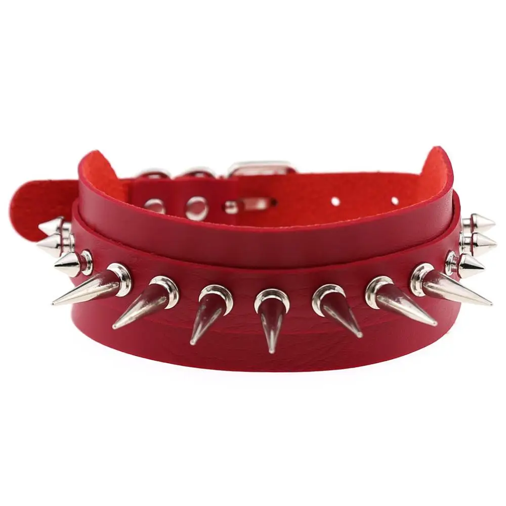 KMVEXO Punk Rock Gothic Leather Chokers for Women Mens Silver Spike Rivet Stud Collar Choker Necklaces Statement Anime Jewelry - Окраска металла: Red