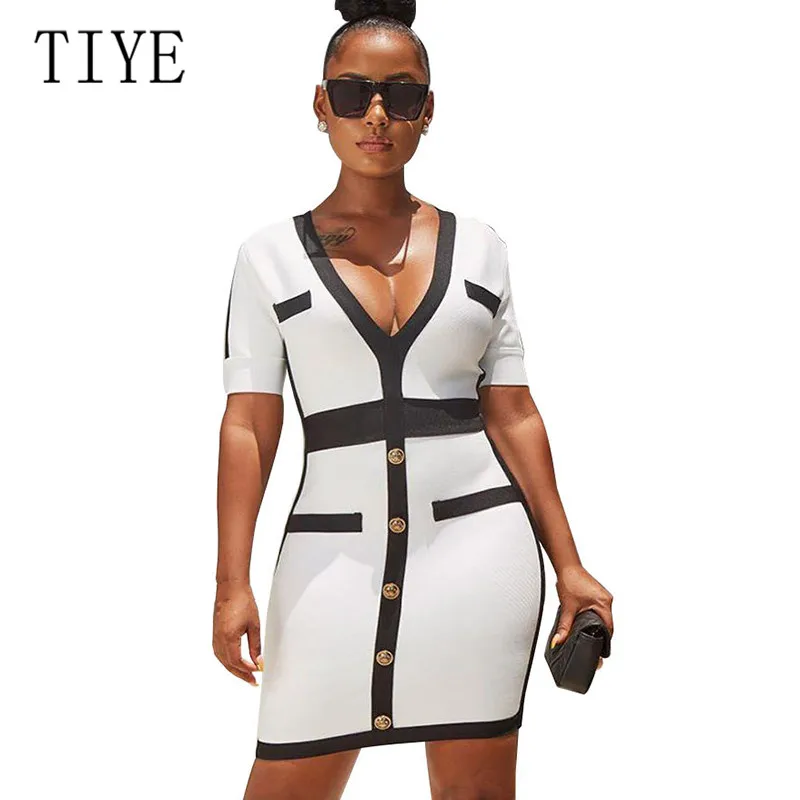

TIYE Sexy Fashion Deep V Back Zipper Button Dress Short Sleeve Hollow Out White Bodycon Women Dress Summer Elegant Party Wear