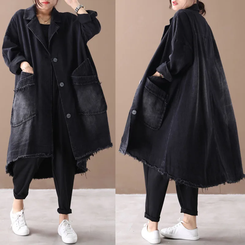 

2019 female new autumn and winter plus size Korean style retro personality outerwear do-old loose denim trench