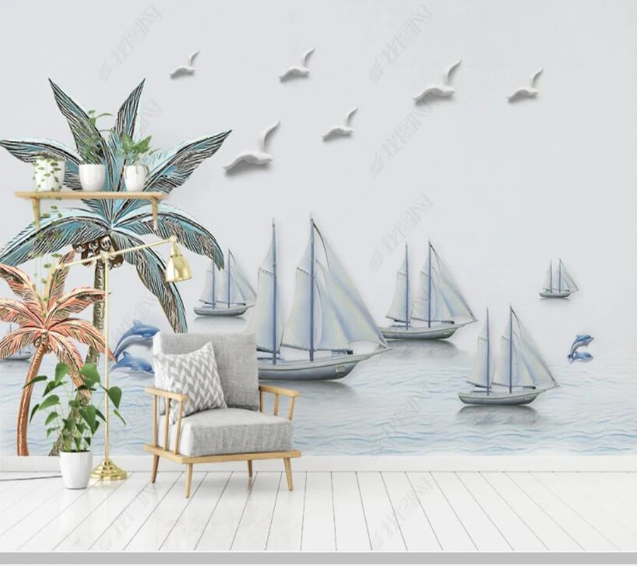 

Papel de parede Nordic modern 3D Mediterranean boat sea wallpaper,living room tv wall kids' bedroom wall papers home decor