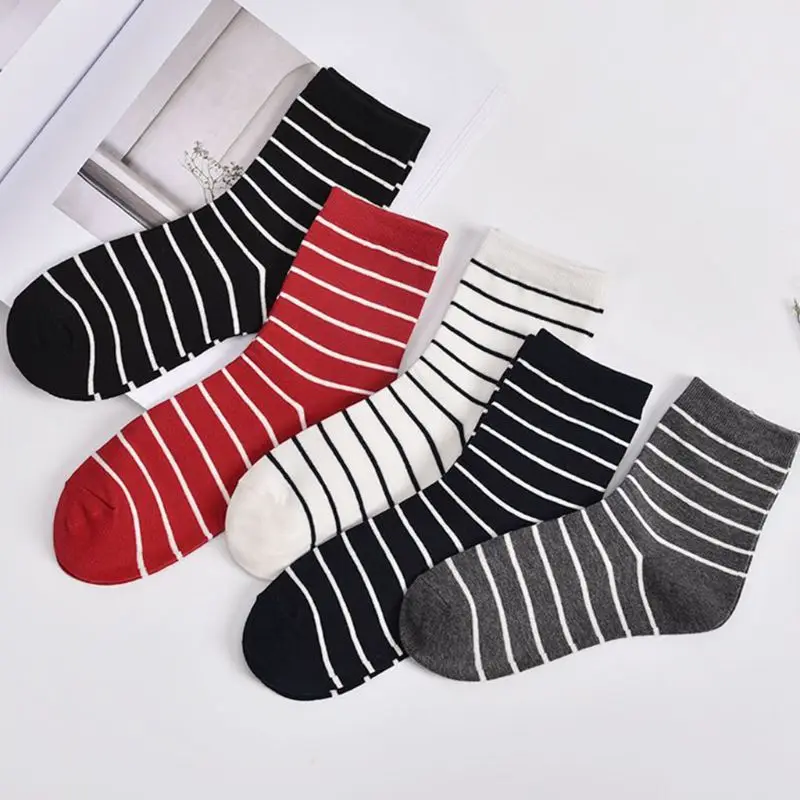 5 пар, японские новые женские хлопковые носки, классические полосатые носки средней длины