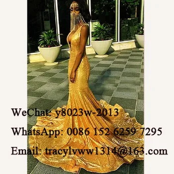 

Gold Yellow Sequined Mermaid Evening Dress 2020 Long Chapel Train Sexy Deep V Neck African Women Prom Dresses Robe De Soiree