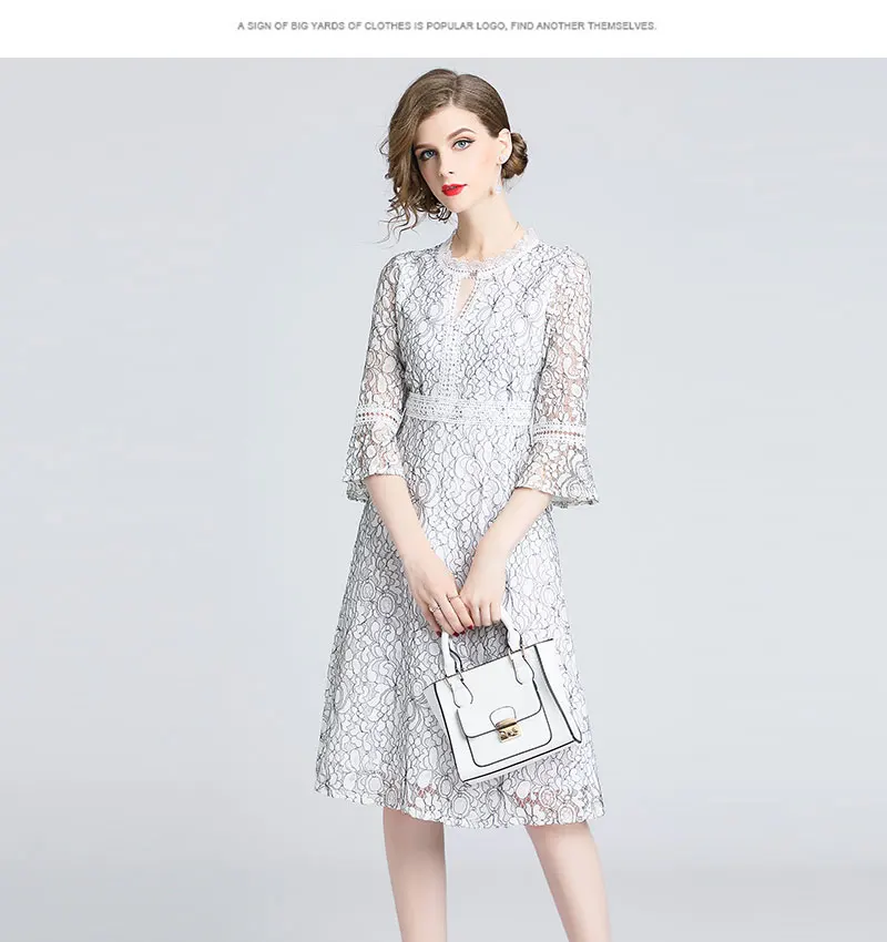 Women Casual Dress New Brand Autumn Fashion Flare Sleeve Hollow Out Lace Elegant Slim Ladies Party Dresses