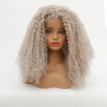 

Synthetic 13*3 Lace Front Wig Platinum Grey Afro Kinky Curly Heat Resistant Fiber Hair Natural Hairline Middle Parting For Women