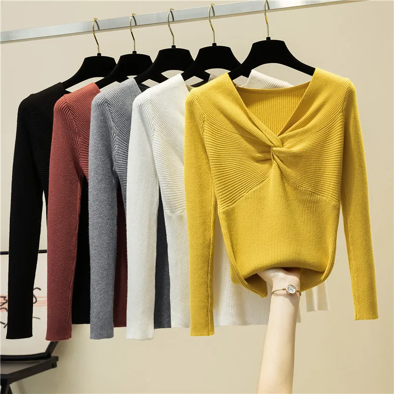 

Women's V Neck Knit Pullover Knotted Sweater 2020 Autumn Winter Solid Color Slim Casual Jumper Pull Femme