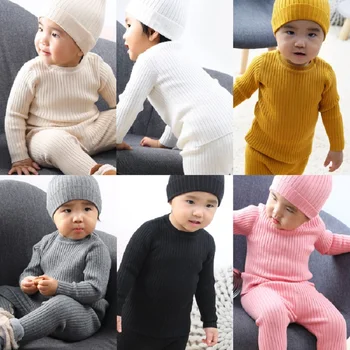 

Autumn winter children's newborn thermal underwear three-piece knit pullover clothes+high waist pants+hat boys girls baby suit
