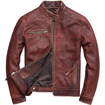 

2020 Vintage Brown Men Slim Fit Biker's Jacket Plus Size XXXXXL Genuine Cowhide Autumn Motorcycle Leather Coat