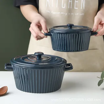 

With Two Ears And Cover Ramen Baking Bowl Ceramic Household Student Instant Noodle Bowl Plate Dinnerware Set Tableware Kitchen