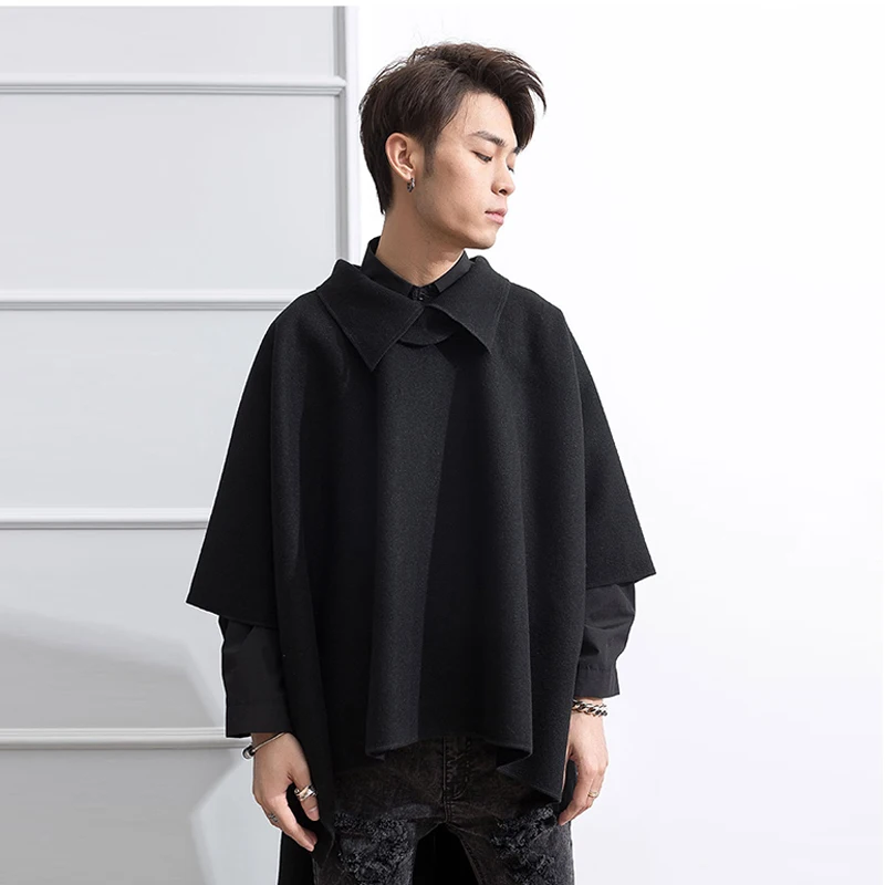Front short back long turtleneck extra long turtleneck turtleneck men's wool coat cloak fashion loose thin cape Front short back long turtleneck extra long turtleneck turtleneck men's wool coat cloak fashion loose thin cape