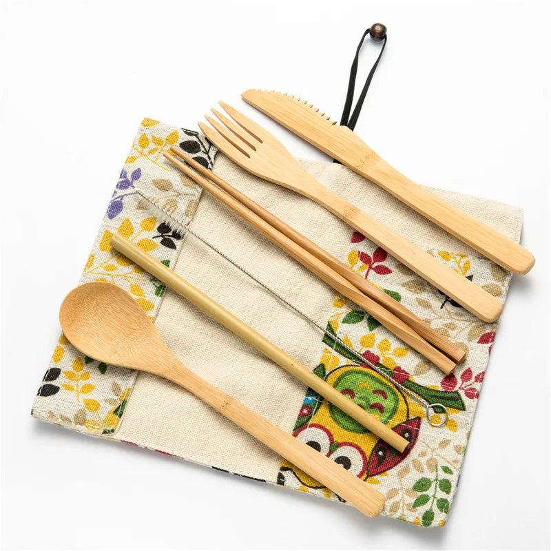 

7/8/10pcs Bamboo Utensils Wooden Travel Cutlery Set Reusable Tableware with Camping Bag Fork Spoon Knife Flatware Set Zero Waste