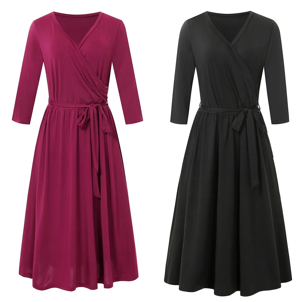 Vestidos, женское платье с запахом на груди, рукав три четверти, пояс с бантом, одноцветное платье размера плюс, ropa mujer sukienki robe femme