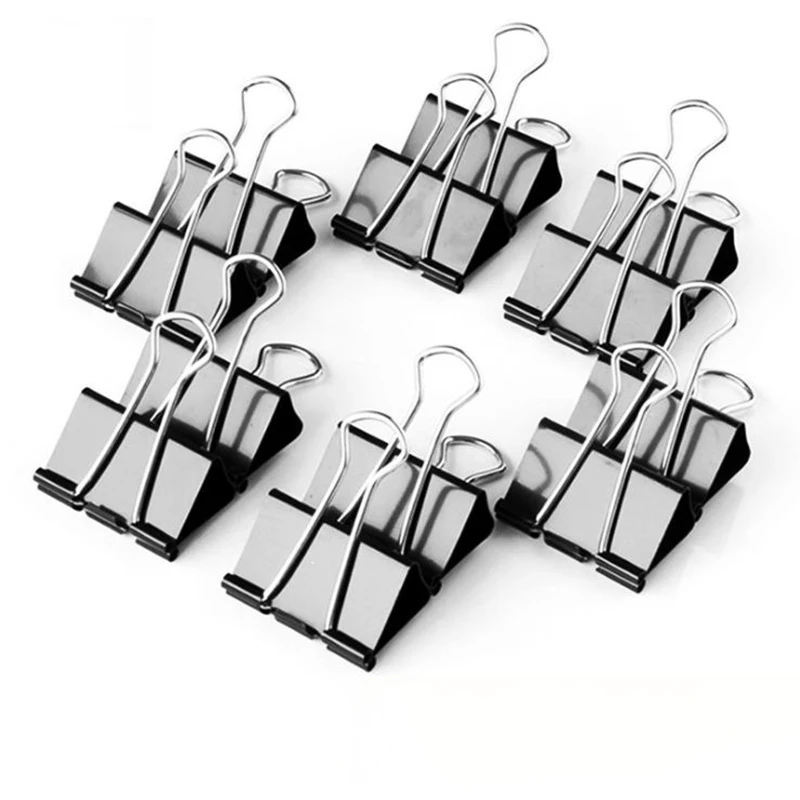 

12PCS Metal Paper Clip Foldback Metal Binder Clips Black Grip Clamps Paper Document Office School Stationery Clip