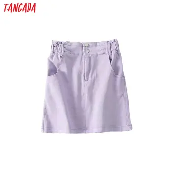 

Tangada women lavender denim skirts pocket big strethy waist 2020 new summer female Elgant mini skirt 5B13
