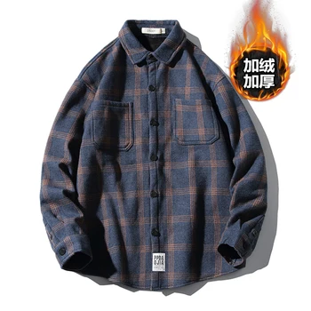 

Men Shirt Plaid Business Casual Shirts Man Autumn Winter Thick Warm Fleece Social Long Sleeve Grid Men's Clothing T2049