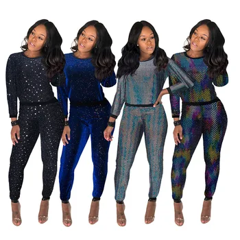 

Sequin Patchwork 2 Piece Set Party Outfits Women Clothes Long Sleeve Zipper Up Sexy Tops Pants set F10