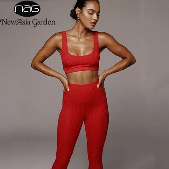 

NewAsia Garden Autumn New Knitting Bodycon Sexy Two Piece Set Women Red White Grey Sleeveless Waistless Short Top Long Pants
