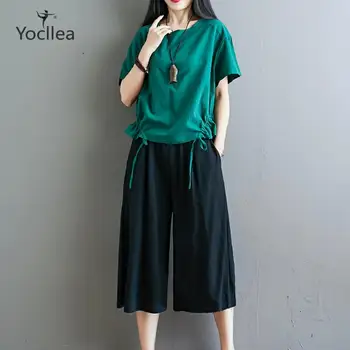

Elegant fashion Wide Leg Pants 2 Pieces sets Cotton Linen suit Women 2020 Summer large size loose Capris casual two piece set