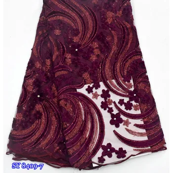 

Wholesale sequence African french mesh high quality glitters stones Nigerian tulle velvet lace embroidered sequins fabric women
