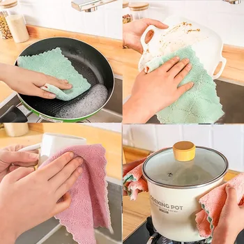 

5pcs Dish Cloth Clean Wipe Towel Kitchen Non-stick Oil Scouring Pad Absorbent Household Double-layer Microfiber Kitchen Tools