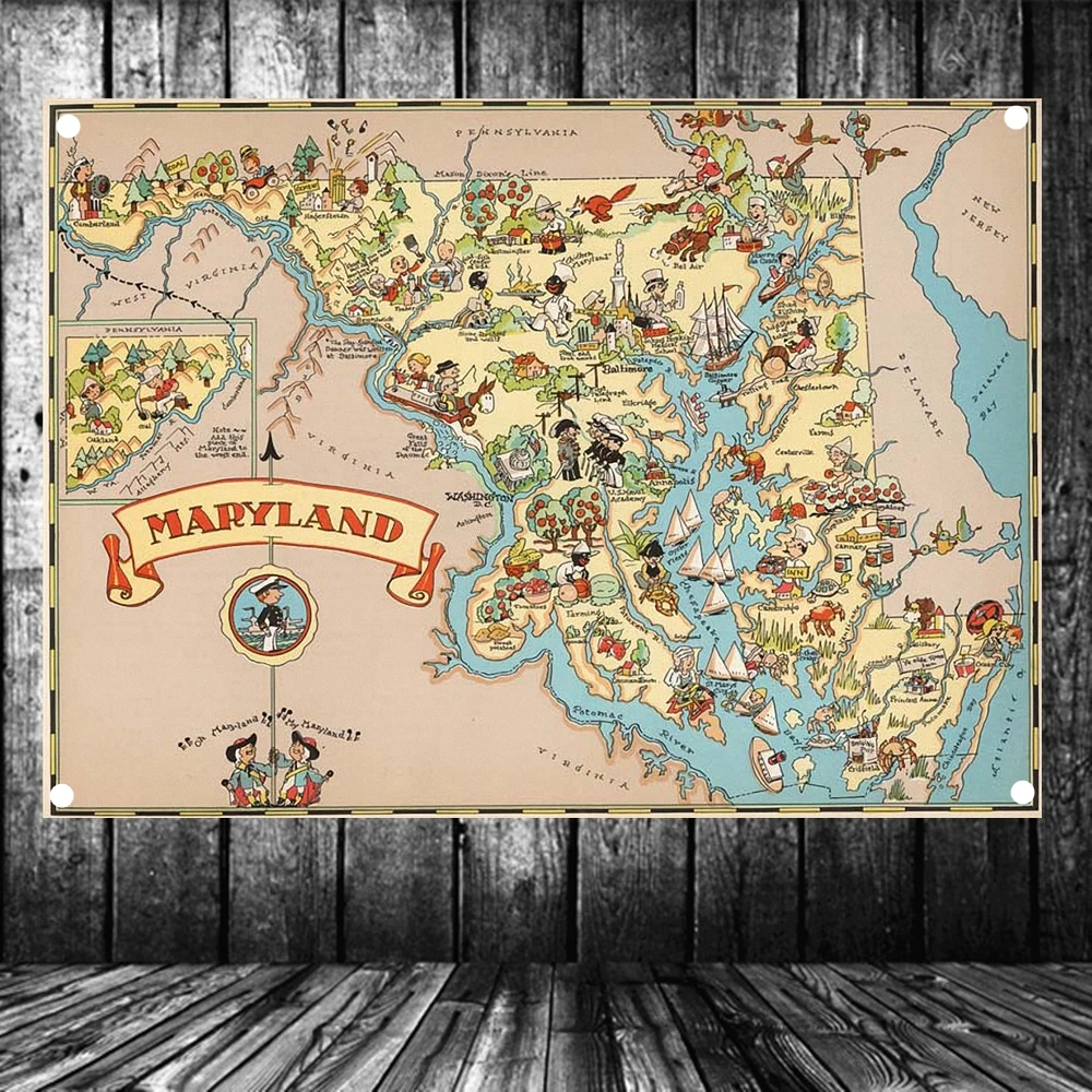 &quotUnited States published in 1935 Maryland Map&quot Retro Map Flag Banner Tapestry Poster Wall Hanging Cloth Print Art Home Decor | Дом и