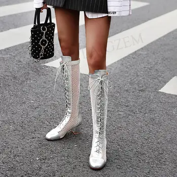

BERZIMER FASHION Women Knee High Summer Boots Back Zip Low Chunky Heels Zapatillas Ladies Breathable Shoes Woman Size 43 44 50