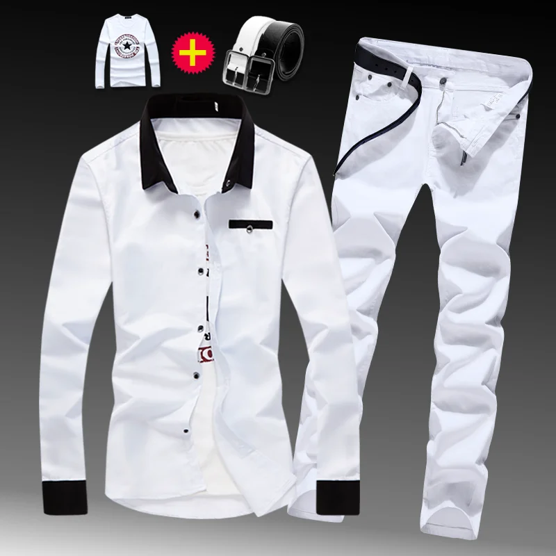 

New Mens Cotton Blend Shirt Long Sleeve Shirts Long Trousers Jeans Pants Slim Fit 2pcs Set With Long Sleeve Shirts E28