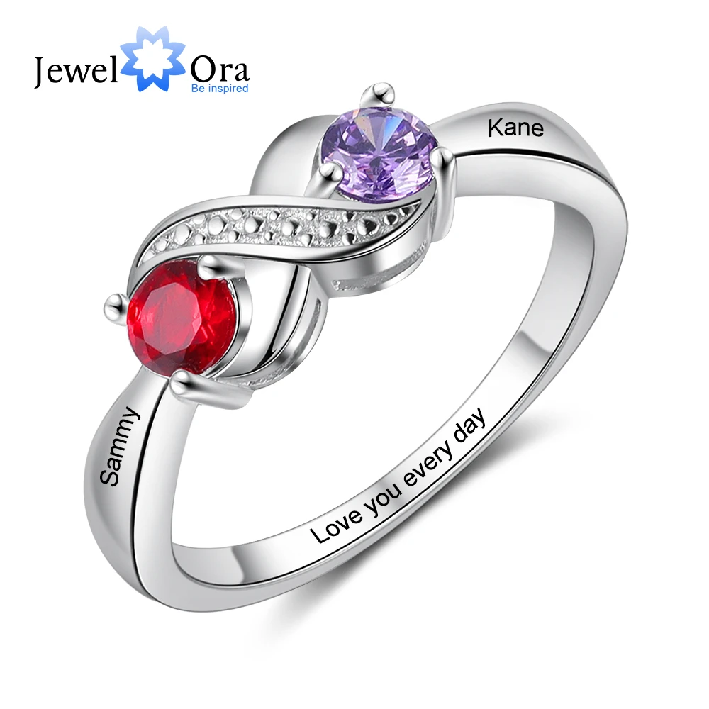 Engraved-Ring Custom Name Promise 2-Birthstones Women Gifts Silver-Color Jewelora Personalized