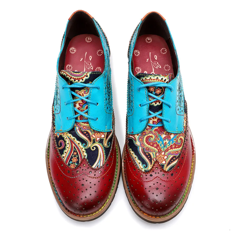 2020 New Spring Casual Women Brogues Shoes Handmade Genuine Leather Women Flats Oxfords Shoes Retro Carved Lace Up  Lady Oxfords (6)