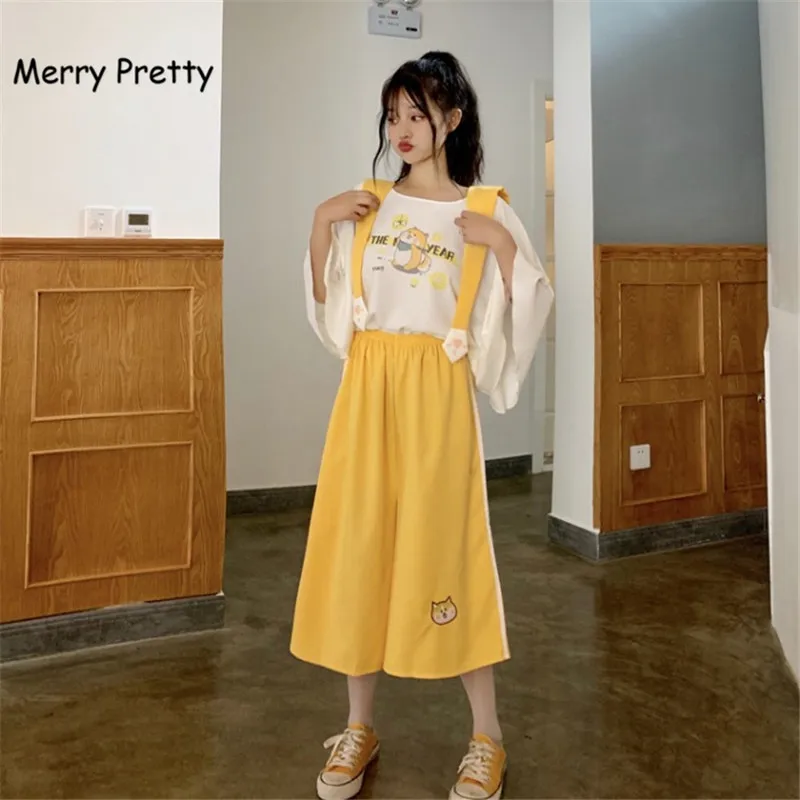Merry Pretty harajuku милая белая футболка с матросским воротником желтые широкие брюки