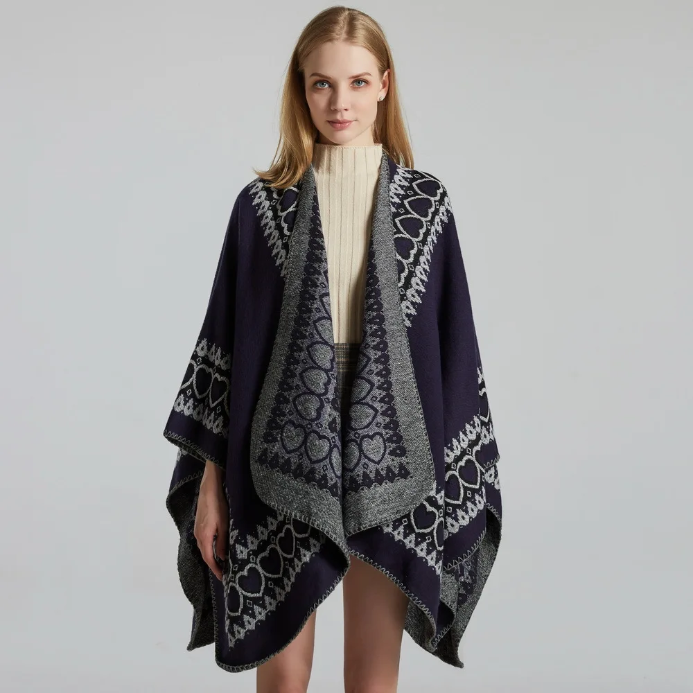 

New Korean women's shawl universal cashmere jacquard heart thickened split cape