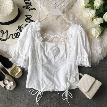 

2020 summer lace women blouse square collar solid short bandage pink white lady elegant pulls top quality