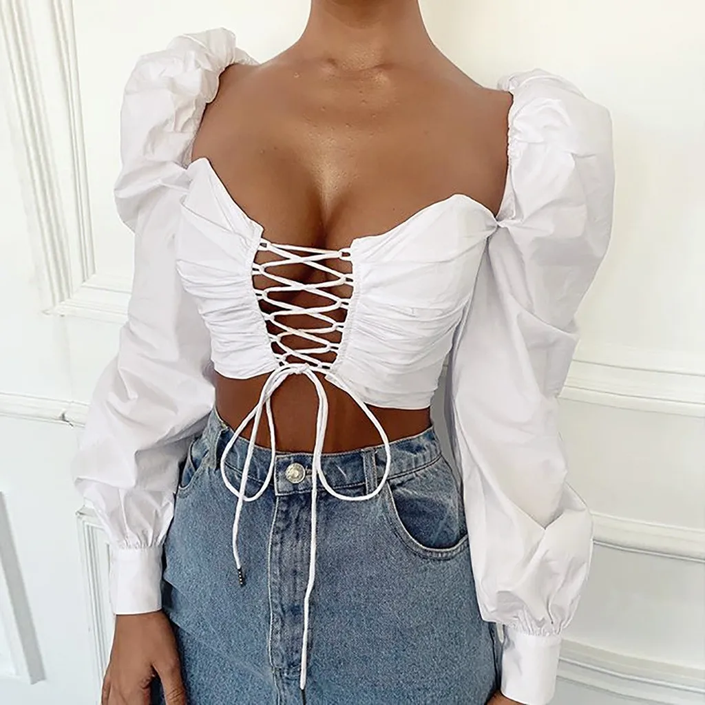 

Women's Summer Bubble Sleeve Blouse Lace Up Tops Solid Color Navel Slim Bandage White Blouse Women Clothing blusa ensemble