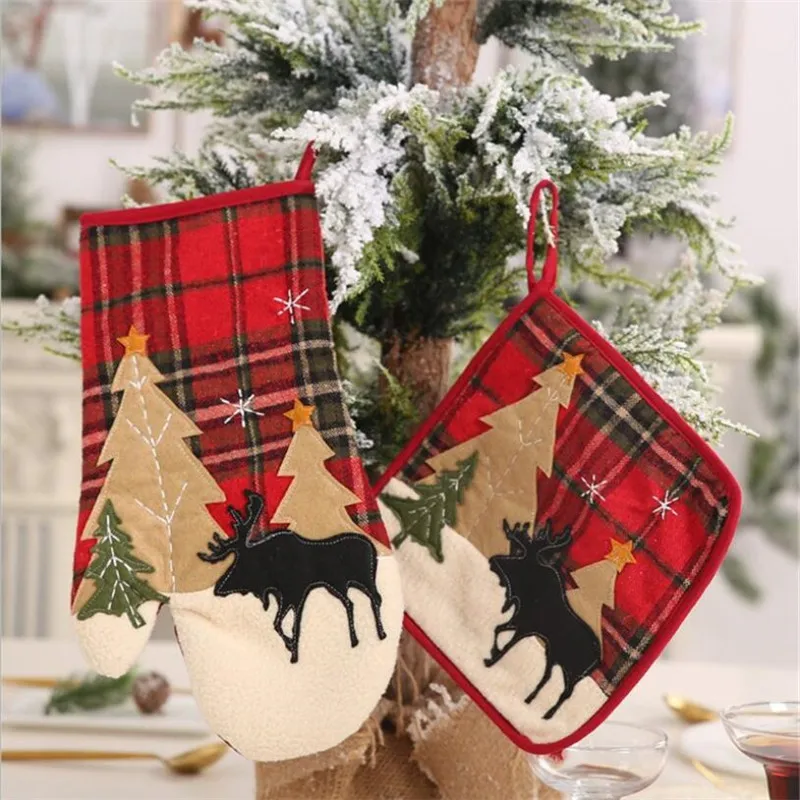 Рождественские рукавицы для духовки, теплоизоляционные перчатки для барбекю, теплоизоляционный коврик для микроволновой печи, кухонный инструмент для выпечки, домашний декор