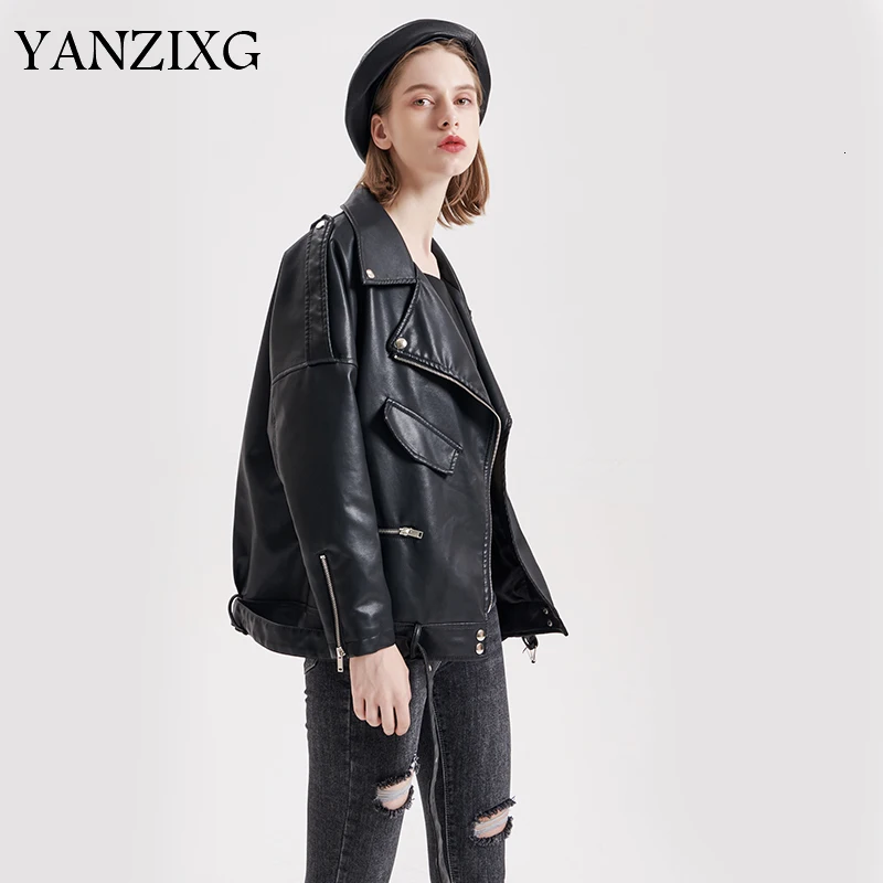 

Loose Fit Black Pu Leather Big Size Cool Jacket New Lapel Long Sleeve Women Coat Fashion Tide Autumn Winter 2019 S750