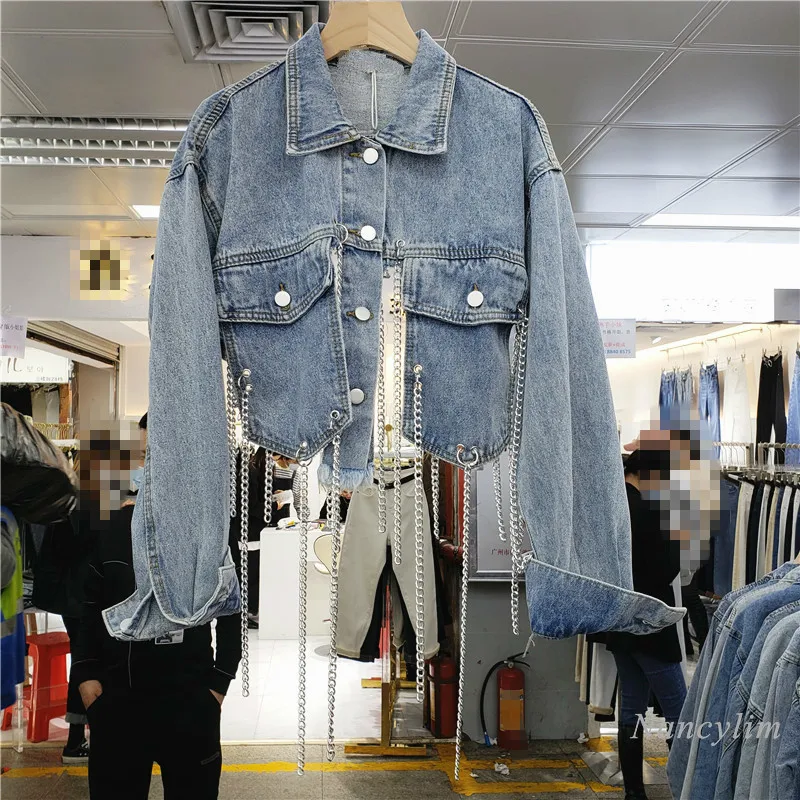 

Chain Short Denim Jacket Women New BF Street Tide Hip Hop Heavy Industry Female Jeans Coat Blue Mujer Chaqueta