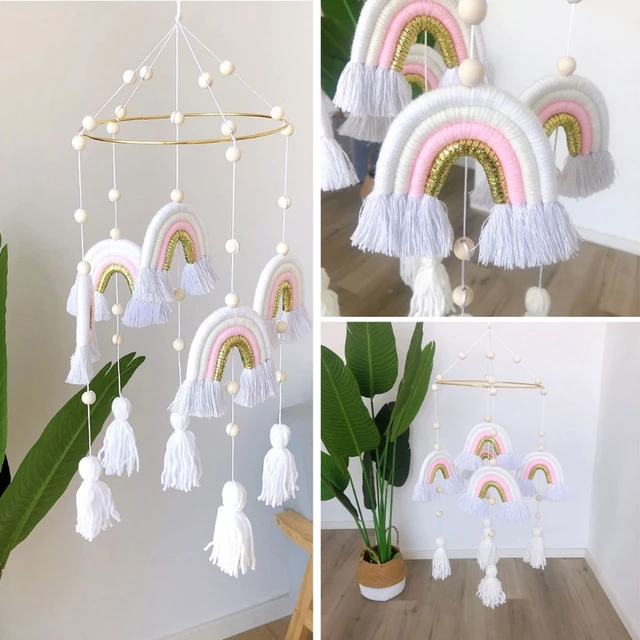 OOTDTY Nordic Style Handmade Weaving Rainbow Wall Hanging Decor Toys Baby Rattle Mobile Crib Toy Kids Room Decor Nursery Decor 3
