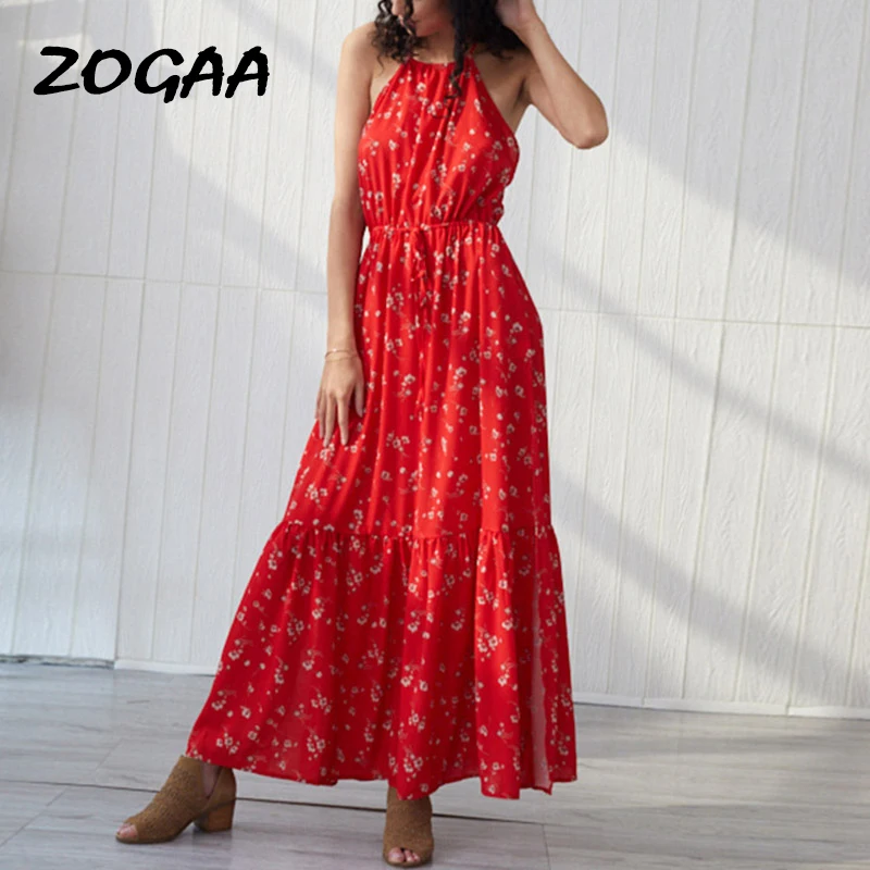 

ZOGAA 2020 Summer Women Long Chiffon Dress Off Shoulder Halter Sexy Backless Floral Maxi Tunic Beach Dress Sexy Dress
