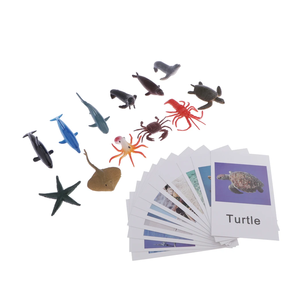 Montessori Animal Match - Miniature Ocean Animal Toy Figurines with Matching Cards - Kids Language Materials Busy Bag Activity