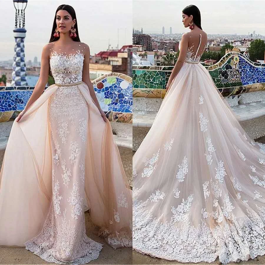 

Champagne Applique Mermaid Wedding Dresses Sheer Jewel Sweep Train Bridal Gowns Milla Nova Wedding Dress With Detachable Skirt